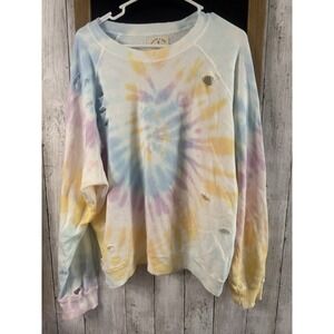 Electric & Rose Women's Tie Dye Sweatshirt Blue Pink Yellow White Distressed XL